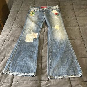 Vintage Guess Distressed Flare Jeans with Patchwork